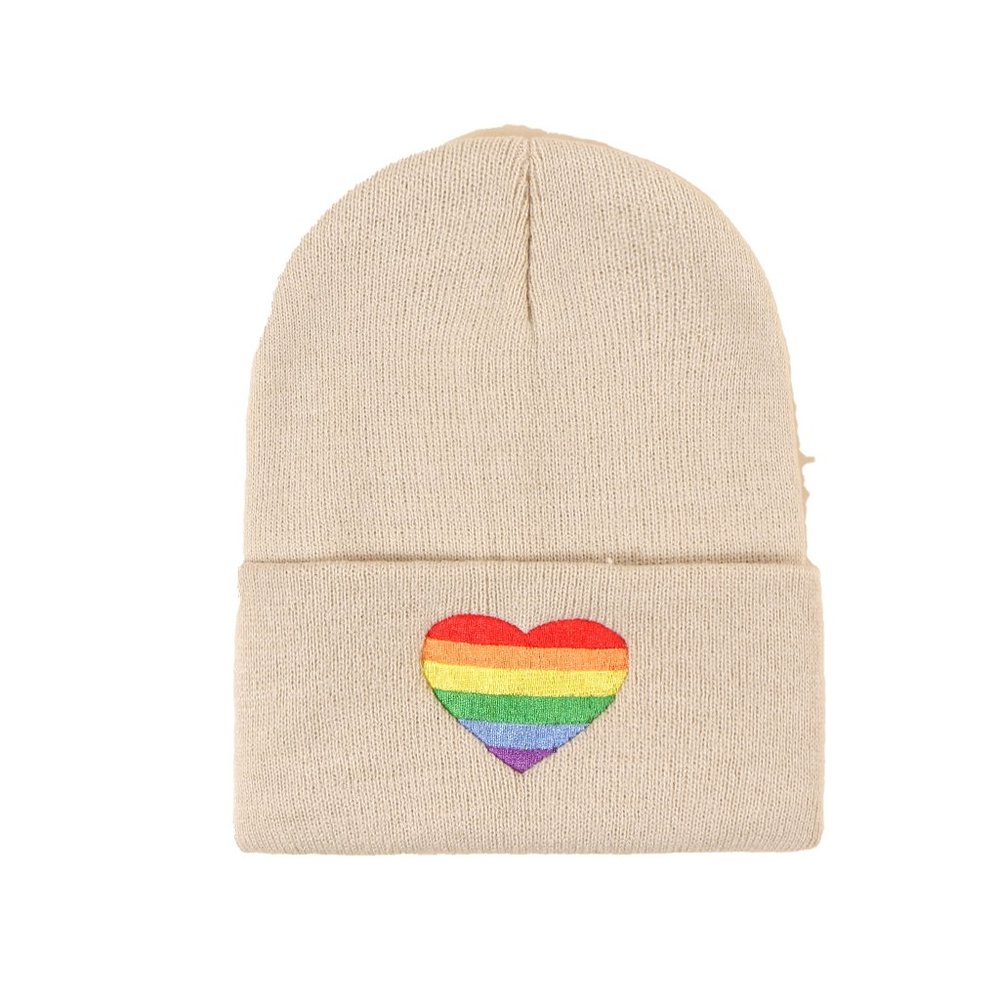 READY TO SHIP Rainbow Embroidered Beanie Skully Knit Ski Hat Winter Cap - Beige